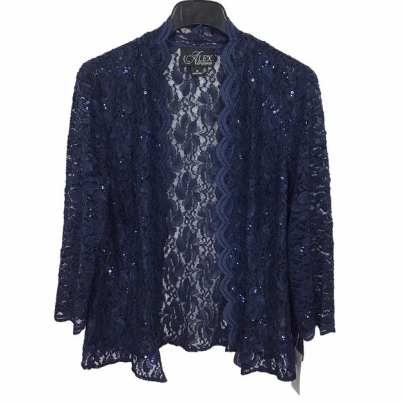 Alex Evenings Navy Blue Lace Sequin Cocktail Sheath Dress w/ Jacket Women's 16 - Picture 10 of 12